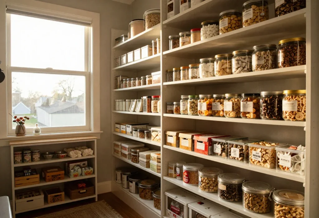 Pantry zones for snacks, baking, and breakfast.