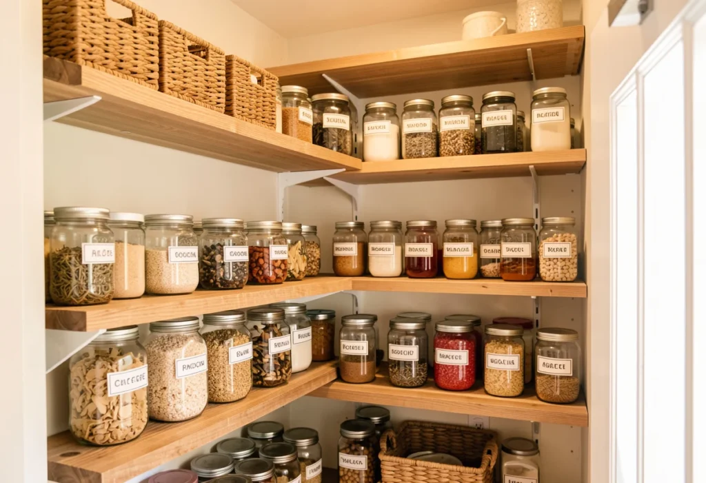 A well-designed pantry with labeled glass jars, adjustable wooden shelves, woven baskets, warm natural light.