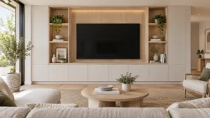 Built-in media wall with a central TV, light wood shelving and off-white cabinets in a bright living room.