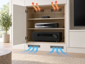 Open AV cabinet with electronics, blue arrows showing cool air entering lower vents and orange arrows showing warm air exiting above.