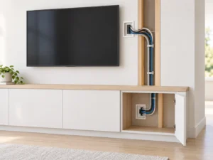 Media wall cutaway showing cables and conduit running from an upper wall plate to a plate inside the lower cabinet.