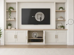 Media wall with callouts highlighting an outlet behind the TV, an outlet inside the lower cabinet and a side light switch.