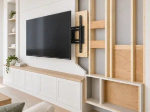 Cutaway of a TV wall showing a mounting bracket, timber studs, horizontal blocking and a plywood backing panel.