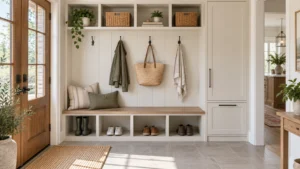 Bright mudroom with built-in bench, upper cubbies, hooks, shoe storage and a tall cabinet.