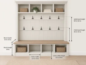 Mudroom elevation showing bench height, bench depth, cubby size and adult and child hook heights.