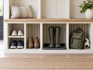 Mudroom bench with open cubbies storing sneakers, ankle boots, tall boots, a backpack and a boot tray.