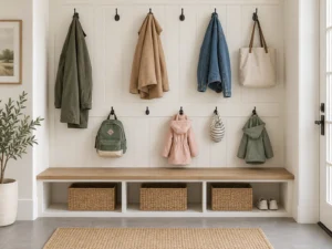 Mudroom wall with two rows of hooks holding coats, bags and children’s outerwear above a bench with baskets.