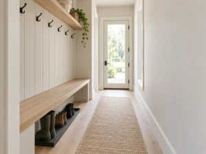 Long narrow mudroom hallway with one-sided bench seating, wall hooks, upper shelf and boot storage.