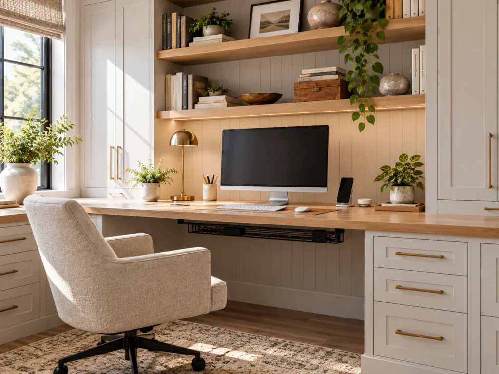 Home office built-in desk with hidden cable management and under-desk cable tray