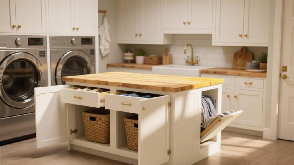 Functional laundry room folding station with custom cabinets and countertop
